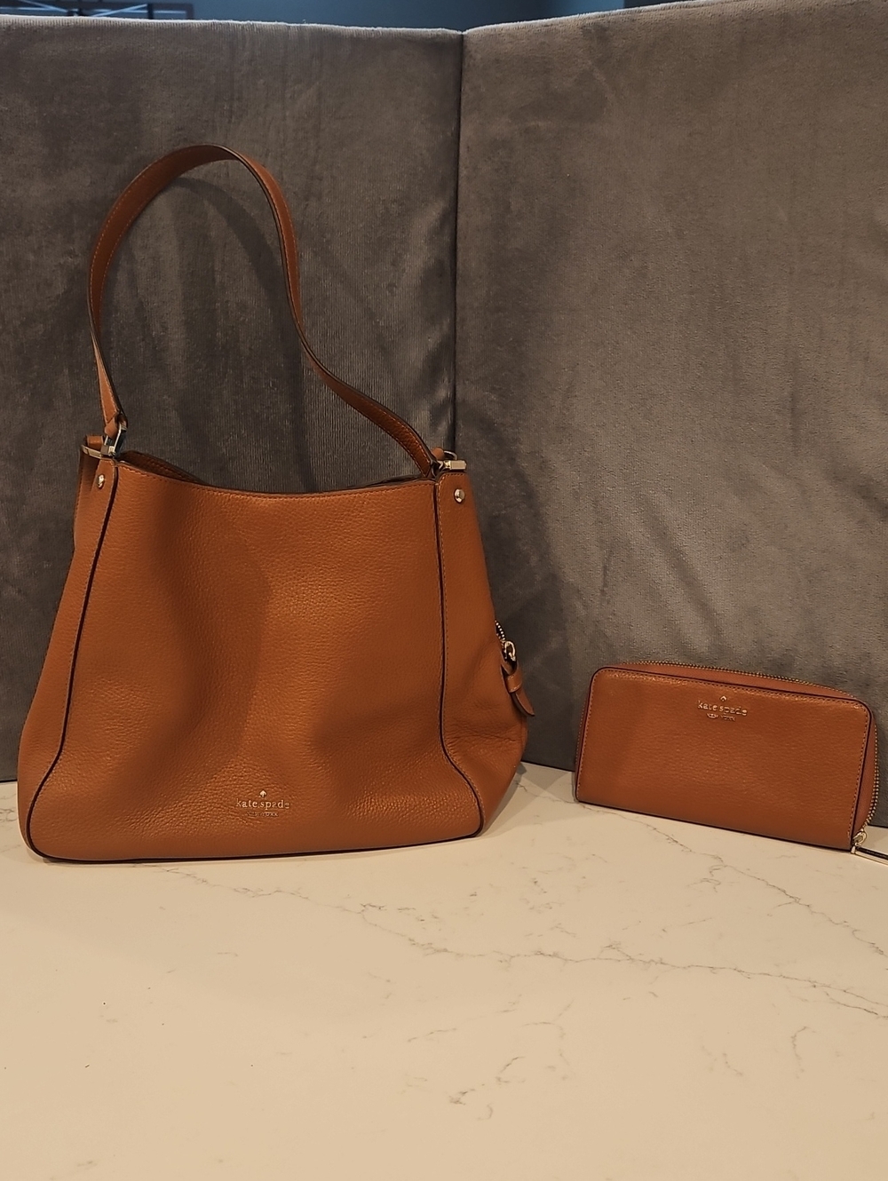 kate spade Caramel Brown Pebbled Leather Shoulder Bag with Matching Wallet